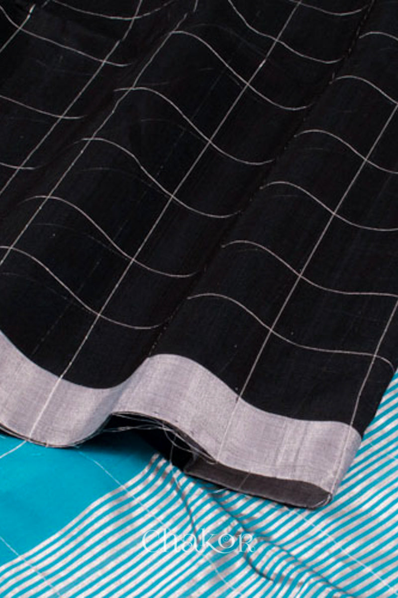 Chakor's Peacock & Black Handloom Silk Cotton Saree with woven tissue zari chex.