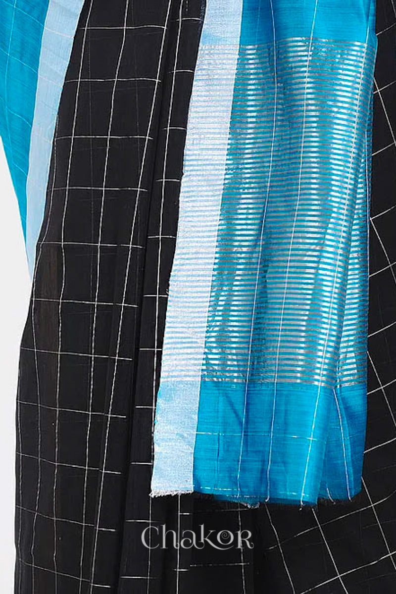 Chakor's Peacock & Black Handloom Silk Cotton Saree with woven tissue zari chex.