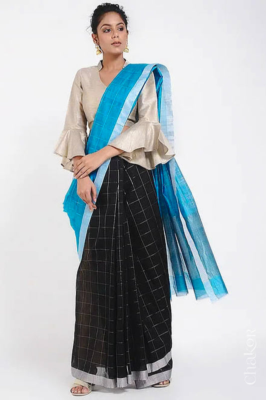 Chakor's Peacock & Black Handloom Silk Cotton Saree with woven tissue zari chex.