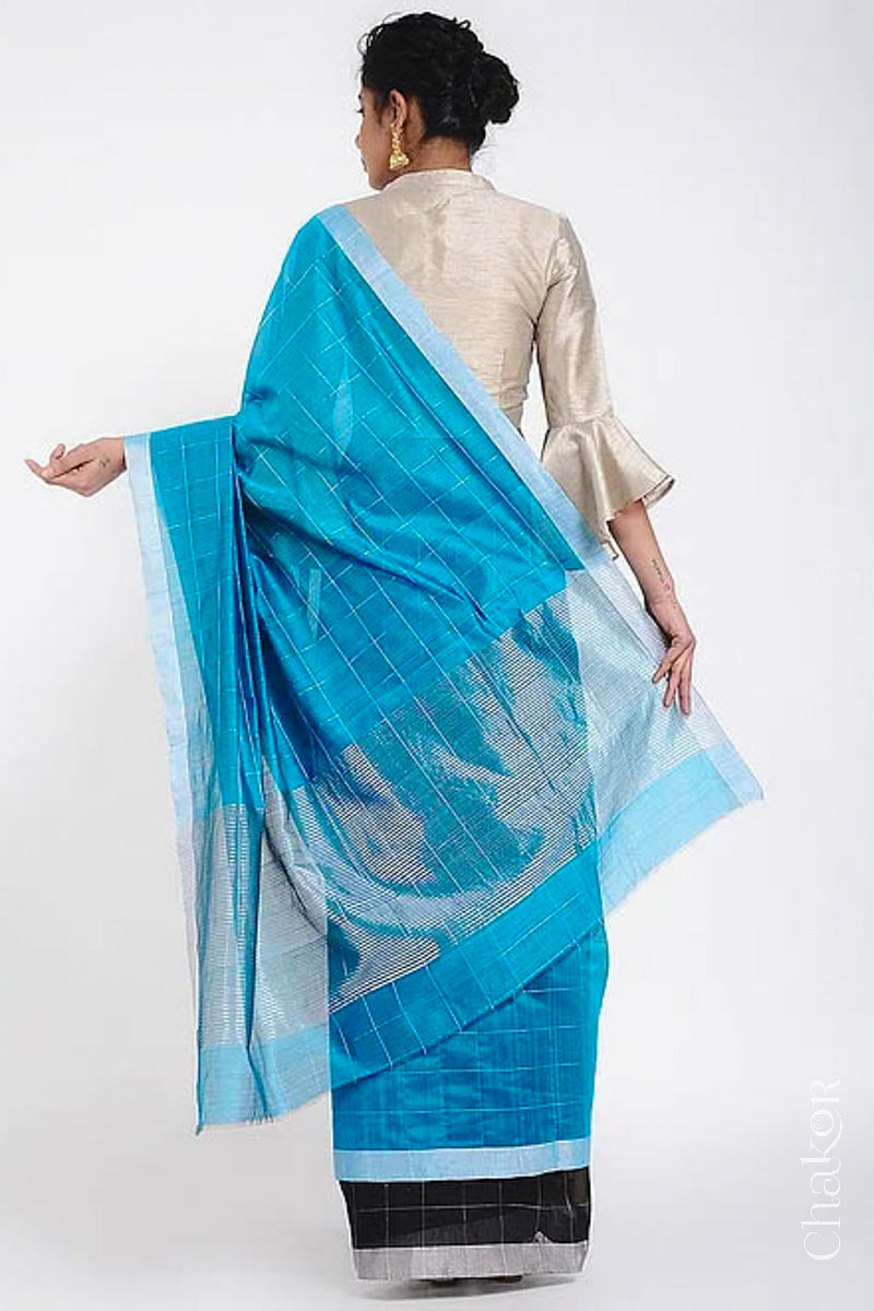 Chakor's Peacock & Black Handloom Silk Cotton Saree with woven tissue zari chex.