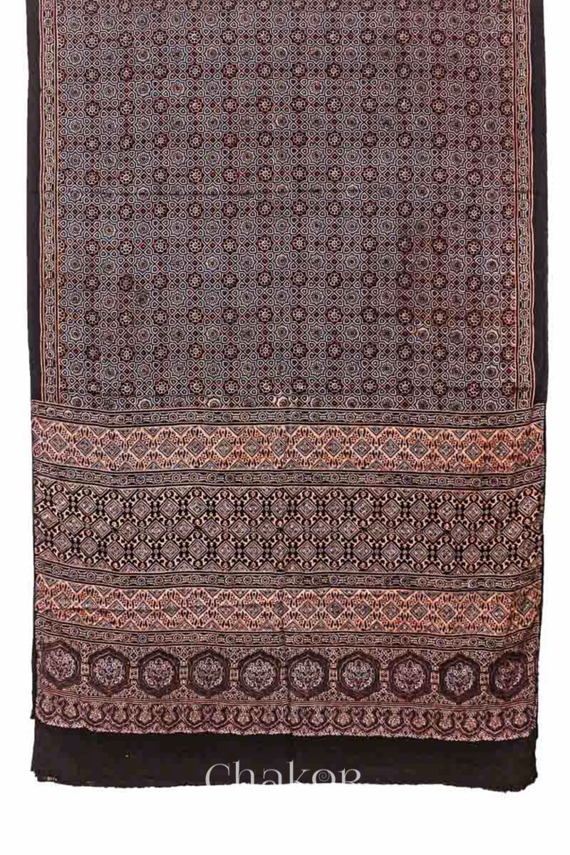 Natural Dyed Black Ajrakh Printed Modal Cotton Saree.