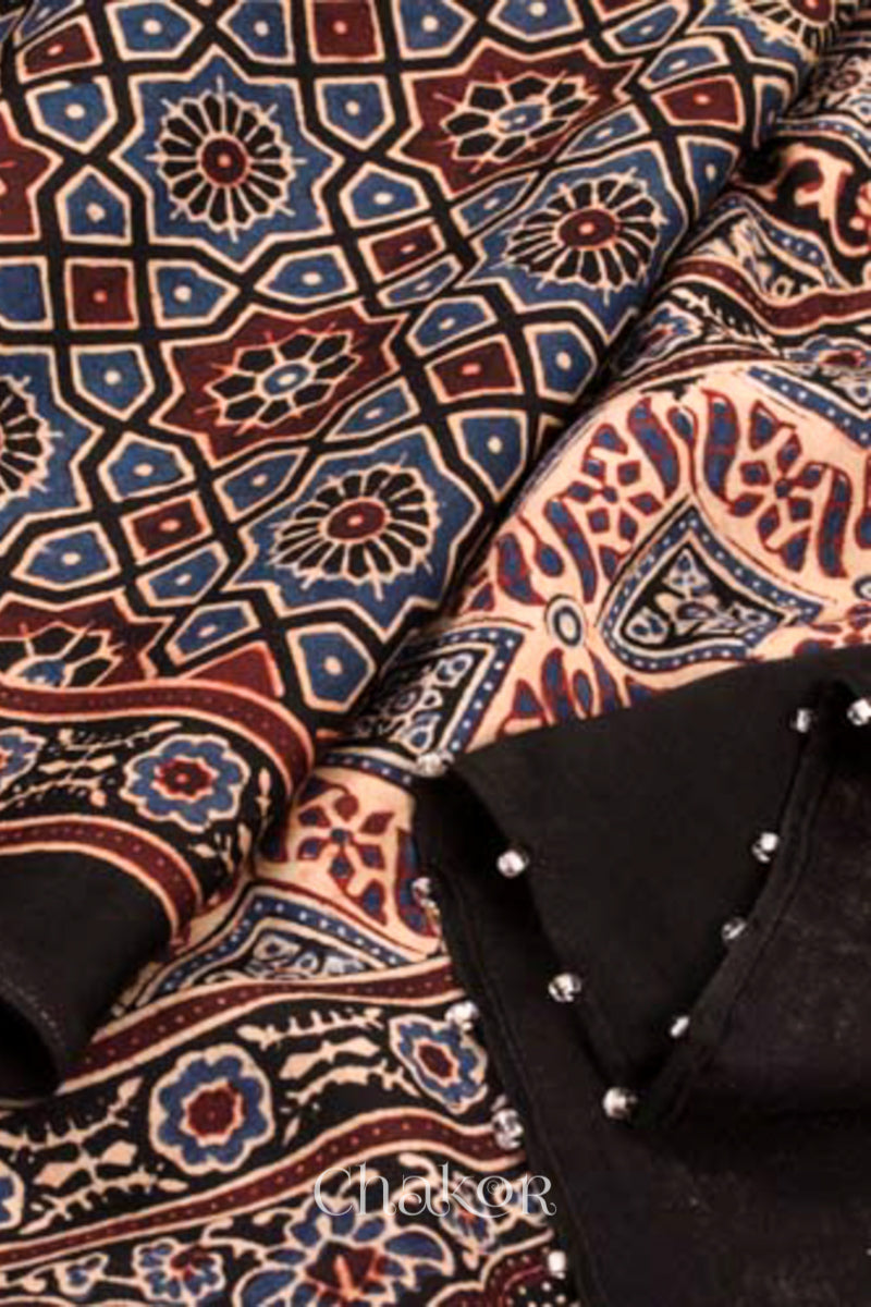 Close of Natural Dyed Black Ajrakh Printed Modal Cotton Saree.