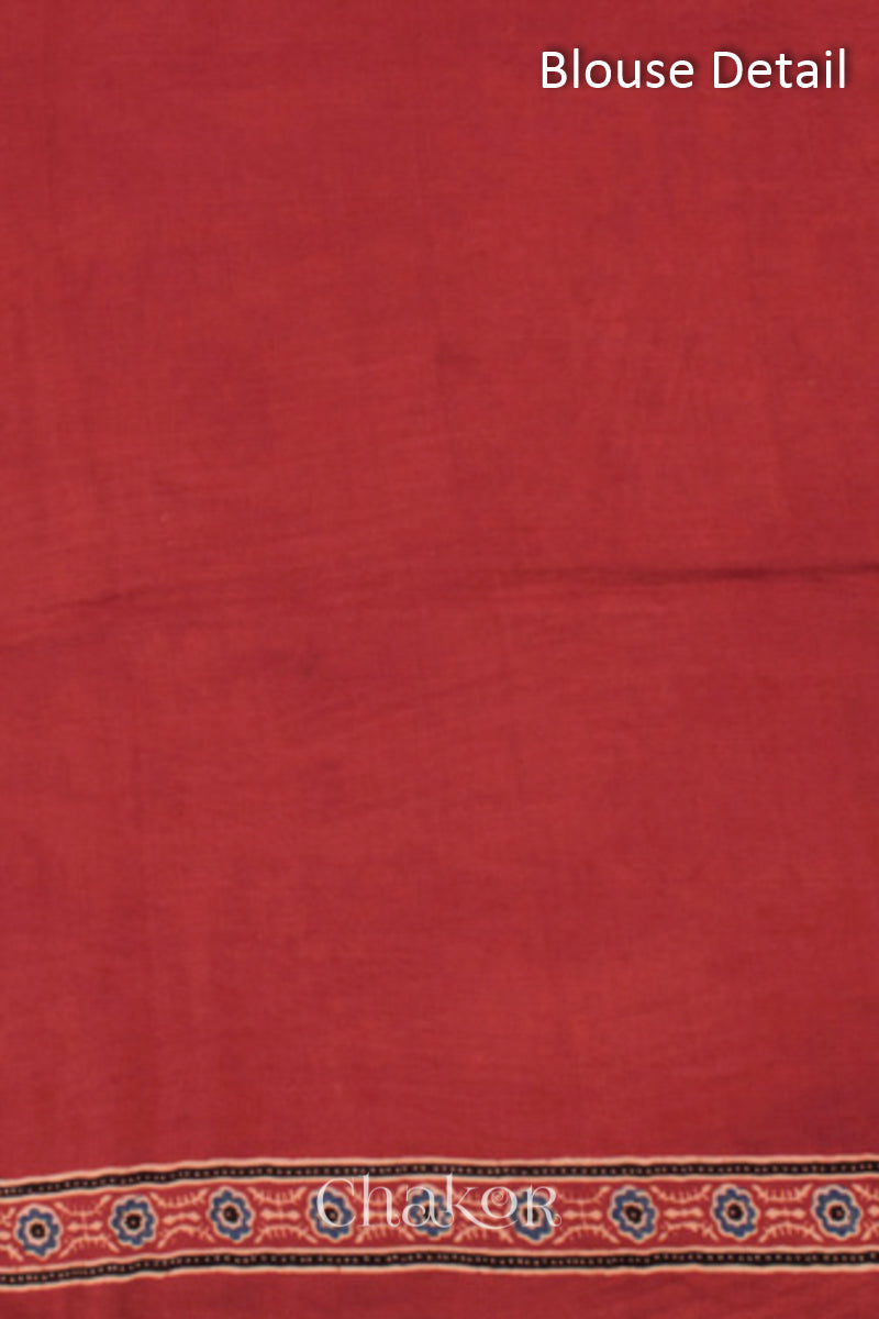 Unstitched Blouse Material of Natural Dyed Madder Red Ajrakh Printed Modal Cotton Saree Handcrafted in Kutch.