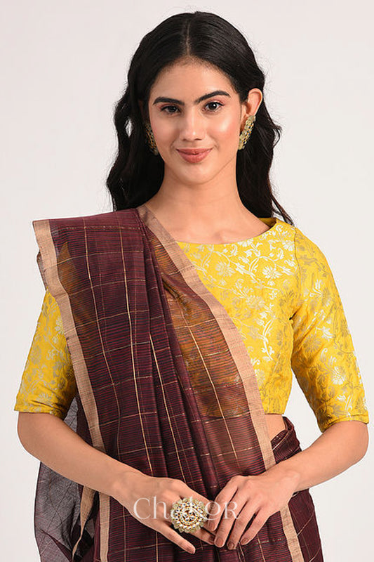 Chakor's Maroon Chanderi Silk Cotton Saree with woven tissue zari chex.. 