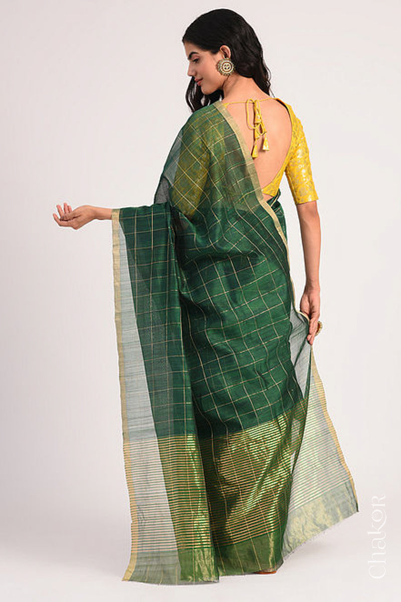 Chakor's Green Chanderi Silk Cotton Saree with woven tissue zari chex.. 