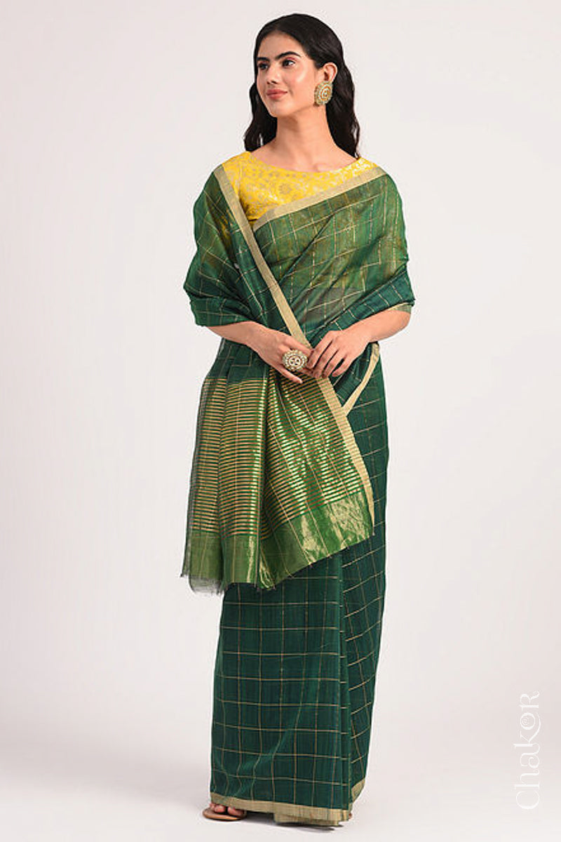Chakor's Green Chanderi Silk Cotton Saree with woven tissue zari chex.. 