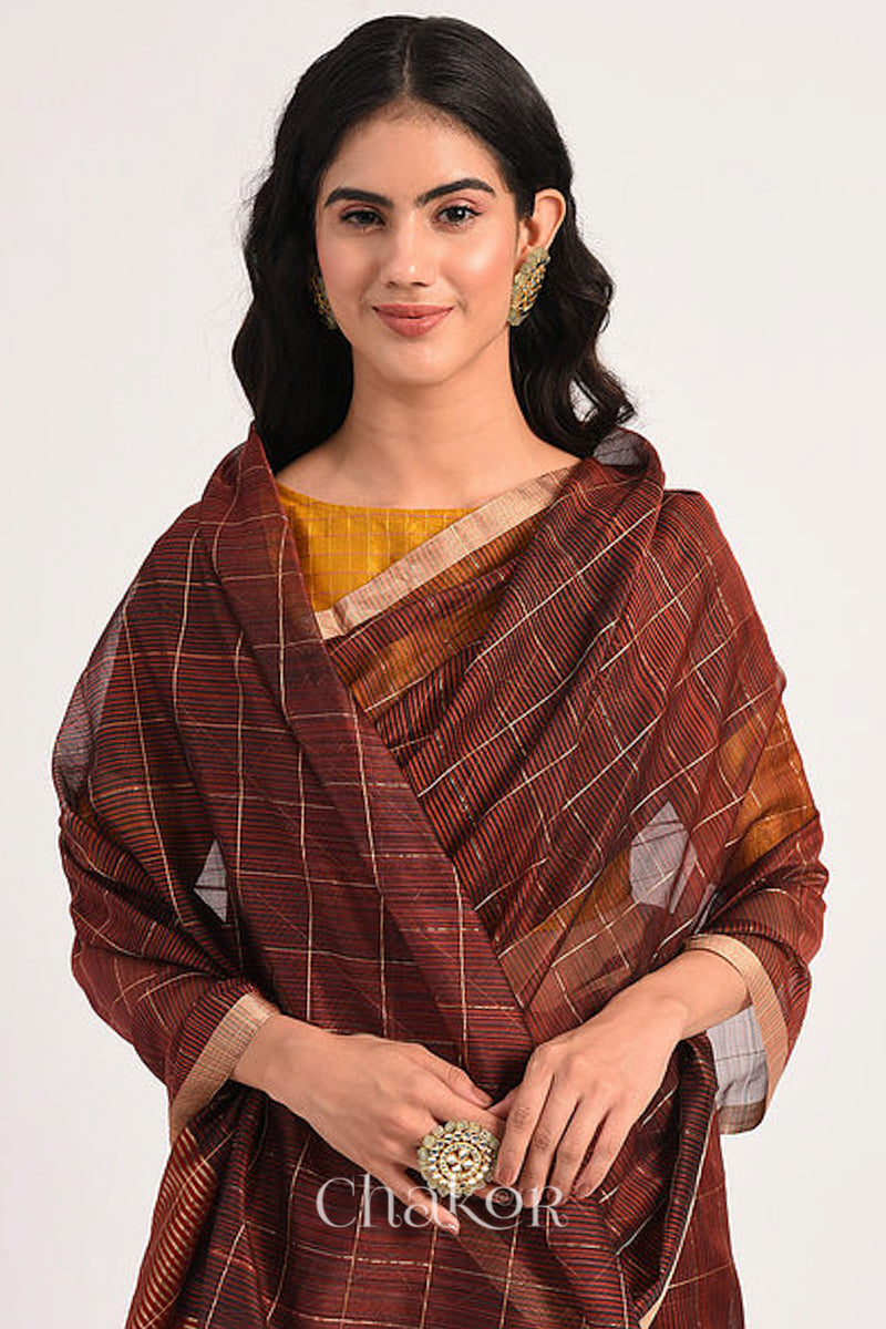 Chakor's Maroon Chanderi Silk Cotton Saree with woven tissue zari chex.. 