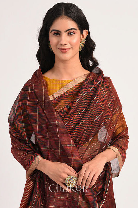 Chakor's Maroon Chanderi Silk Cotton Saree with woven tissue zari chex.. 