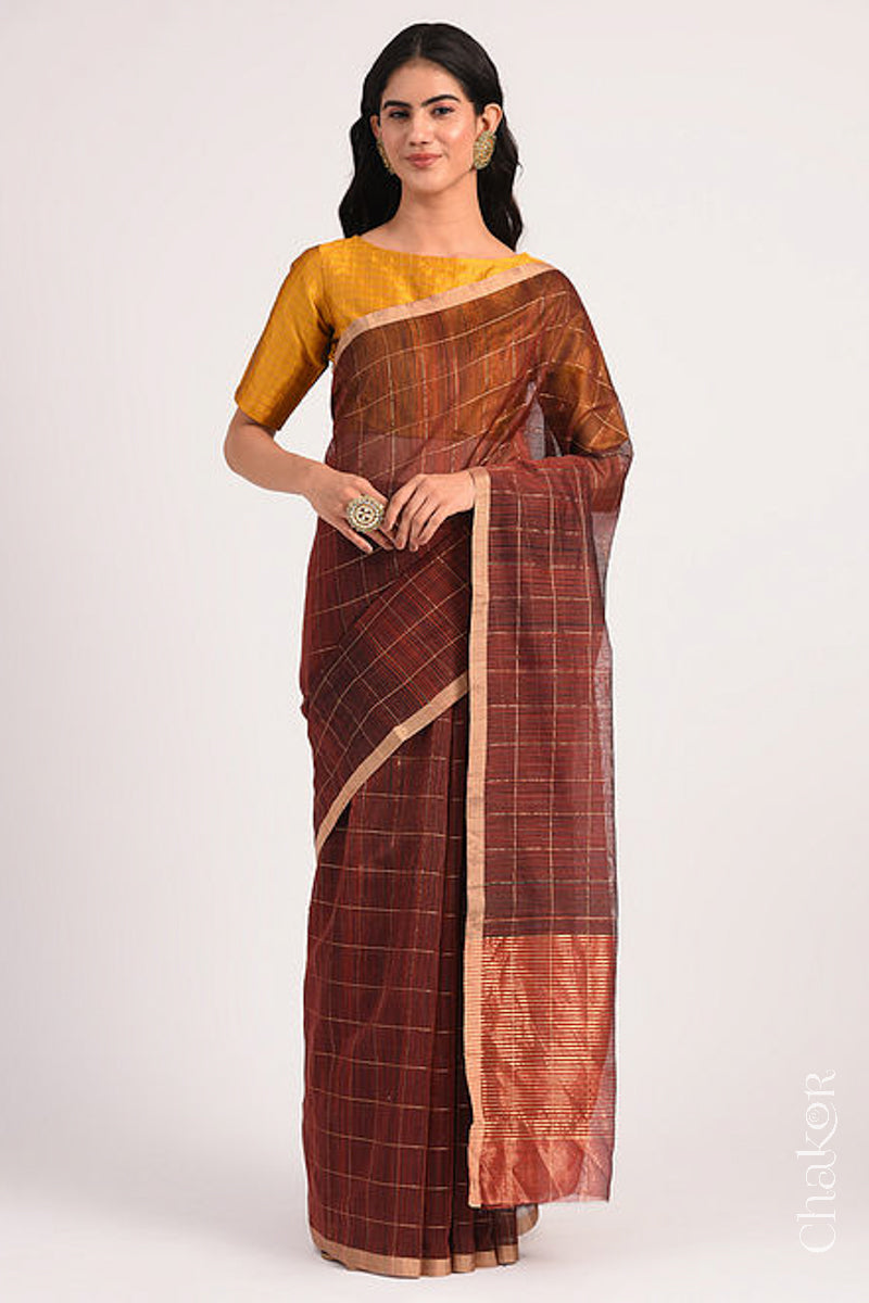 Chakor's Maroon Chanderi Silk Cotton Saree with woven tissue zari chex.. Chakor's Maroon Chanderi Silk Cotton Saree with woven tissue zari chex.. 