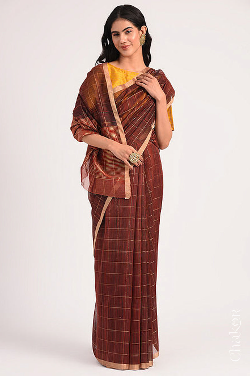Chakor's Maroon Chanderi Silk Cotton Saree with woven tissue zari chex.. 