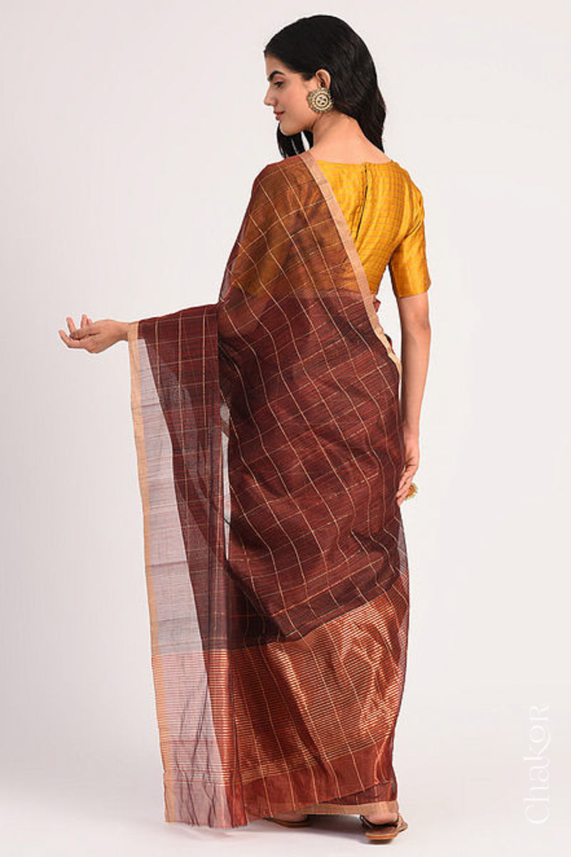 Chakor's Maroon Chanderi Silk Cotton Saree with woven tissue zari chex.. 