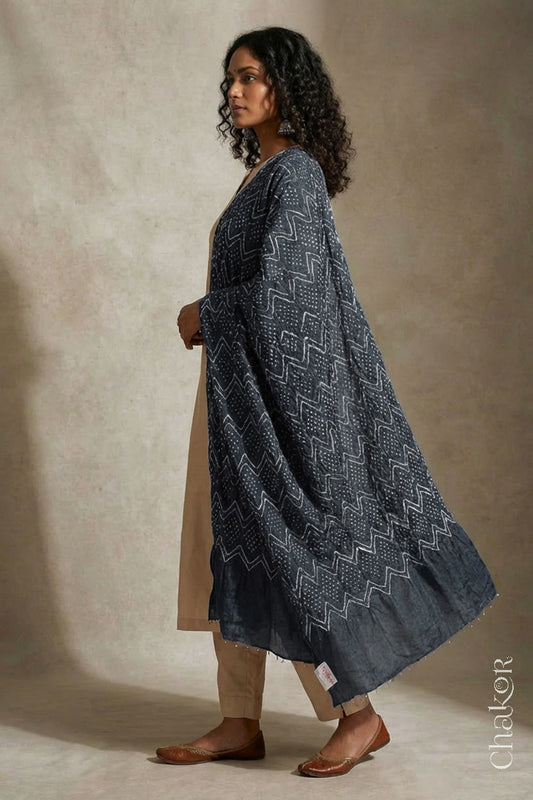 A woman in a beige ethnic outfit, wearing a charcoal grey rai bandhej dupatta in gaji silk ,pallu edge detailed with beads, stands gracefully against a light background.Text reads Chakor brand watermark.
