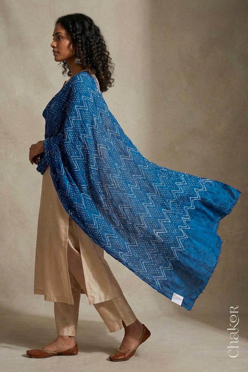 A woman in a beige ethnic outfit, wearing a blue rai bandhej dupatta in gaji silk ,pallu edge detailed with beads, stands gracefully against a light background.Text reads Chakor brand watermark.
