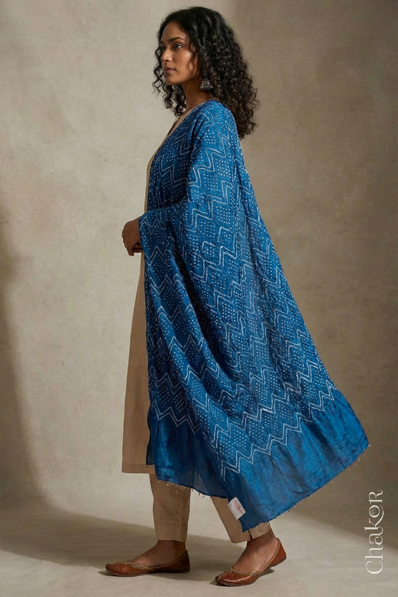 A woman in a beige ethnic outfit, wearing a blue rai bandhej dupatta in gaji silk ,pallu edge detailed with beads, stands gracefully against a light background.Text reads Chakor brand watermark.
