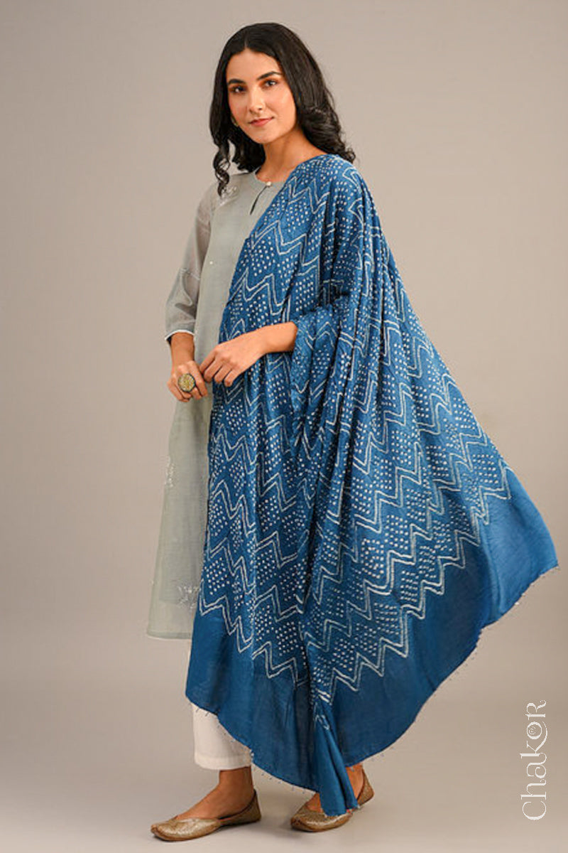 A woman in a grey ethnic outfit, wearing a blue rai bandhej dupatta in gaji silk ,pallu edge detailed with beads, stands gracefully against a light background.Text reads Chakor brand watermark.
