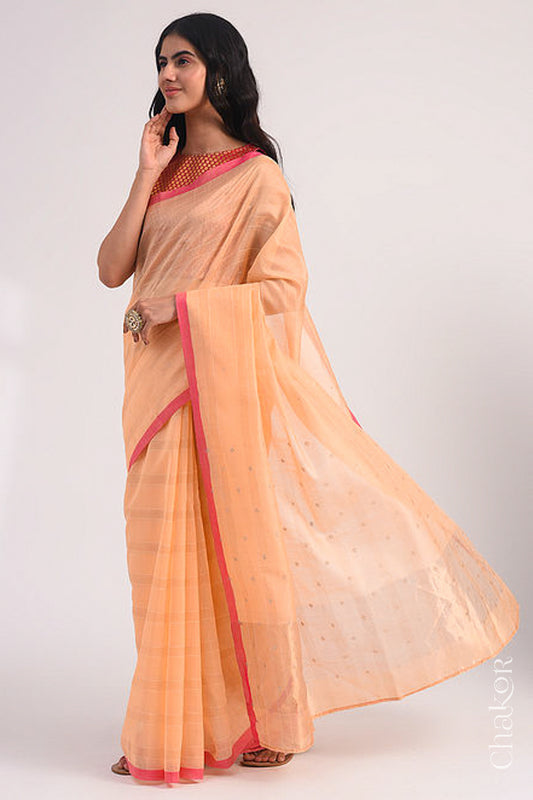 Chakor's Peach Handloom Silk Cotton Saree with woven fine zari stripes and embroidery.