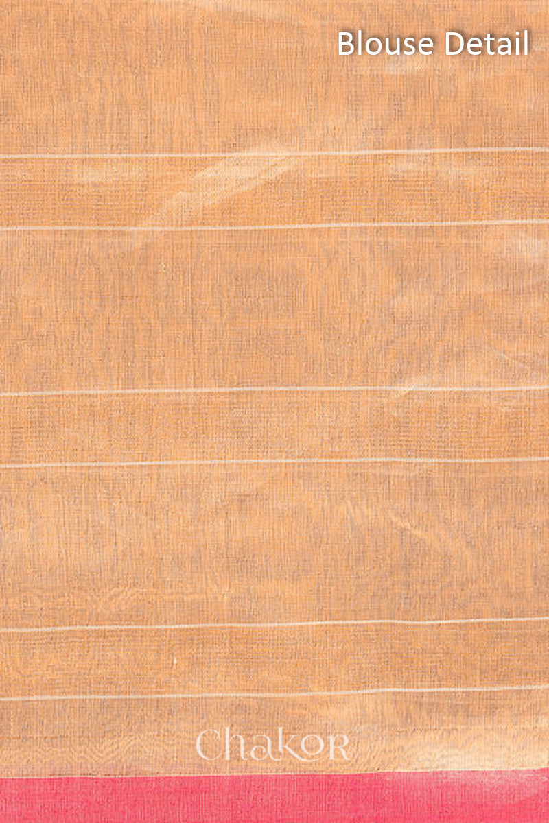 Chakor's Peach Handloom Silk Cotton Saree with woven fine zari stripes and embroidery.