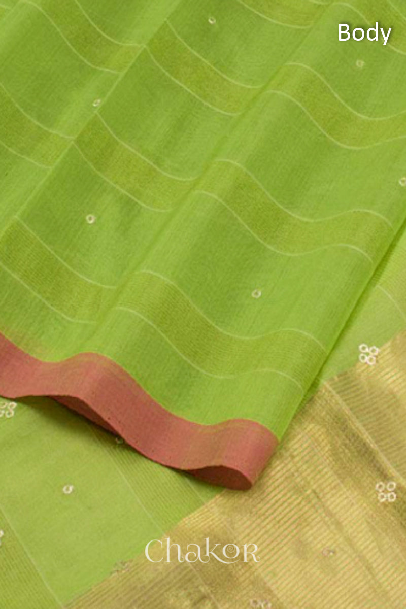 Detailed view of body pattern of Lime Green Chanderi Silk Cotton Saree with zari embroidery.