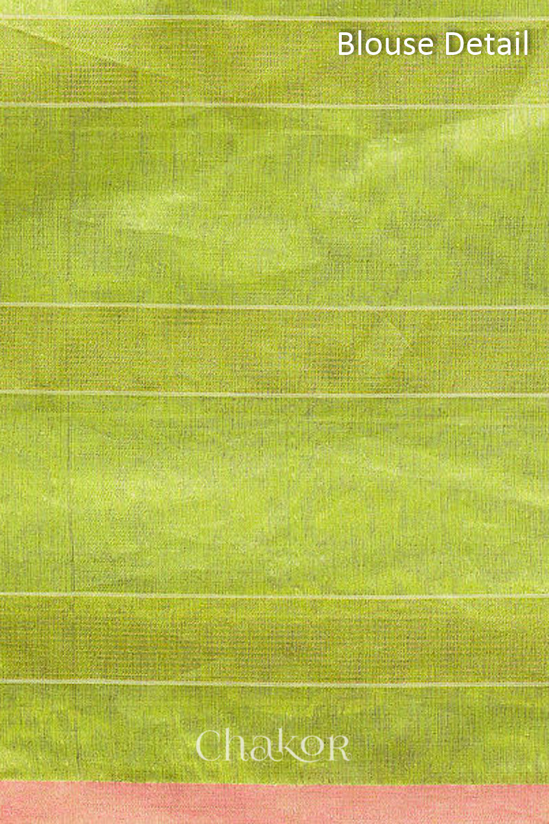 Blouse detail of Lime Green Chanderi Silk Cotton Saree with zari embroidery.