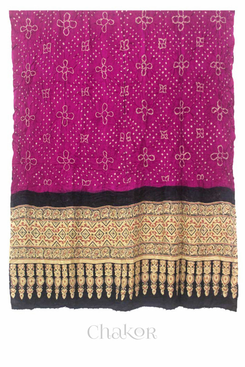 Pink Black Bandhani Ajrakh Silk Dupatta
