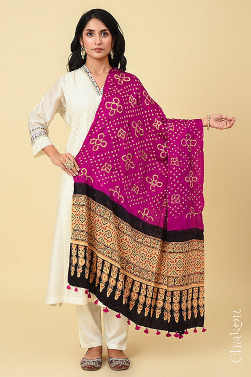 Pink Black Bandhani Ajrakh Silk Dupatta