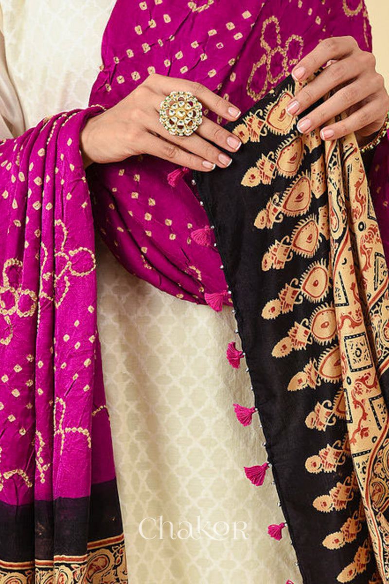 Pink Black Bandhani Ajrakh Silk Dupatta
