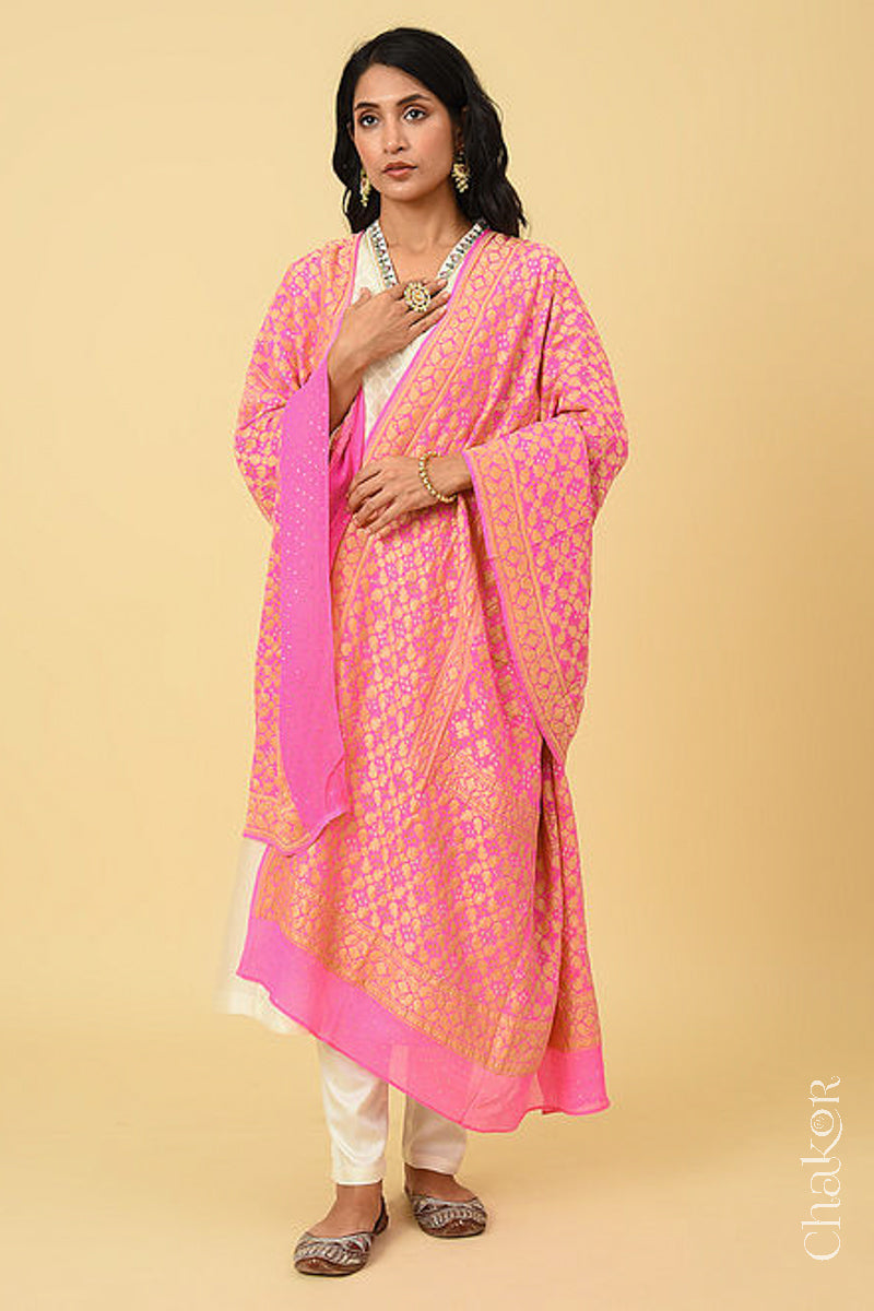 Pink Banarasi Silk Bandhani Dupatta