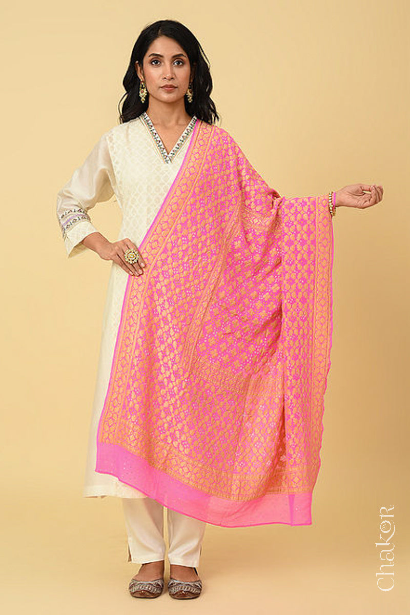 Pink Banarasi Silk Bandhani Dupatta
