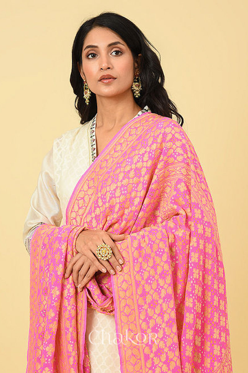 Pink Banarasi Silk Bandhani Dupatta