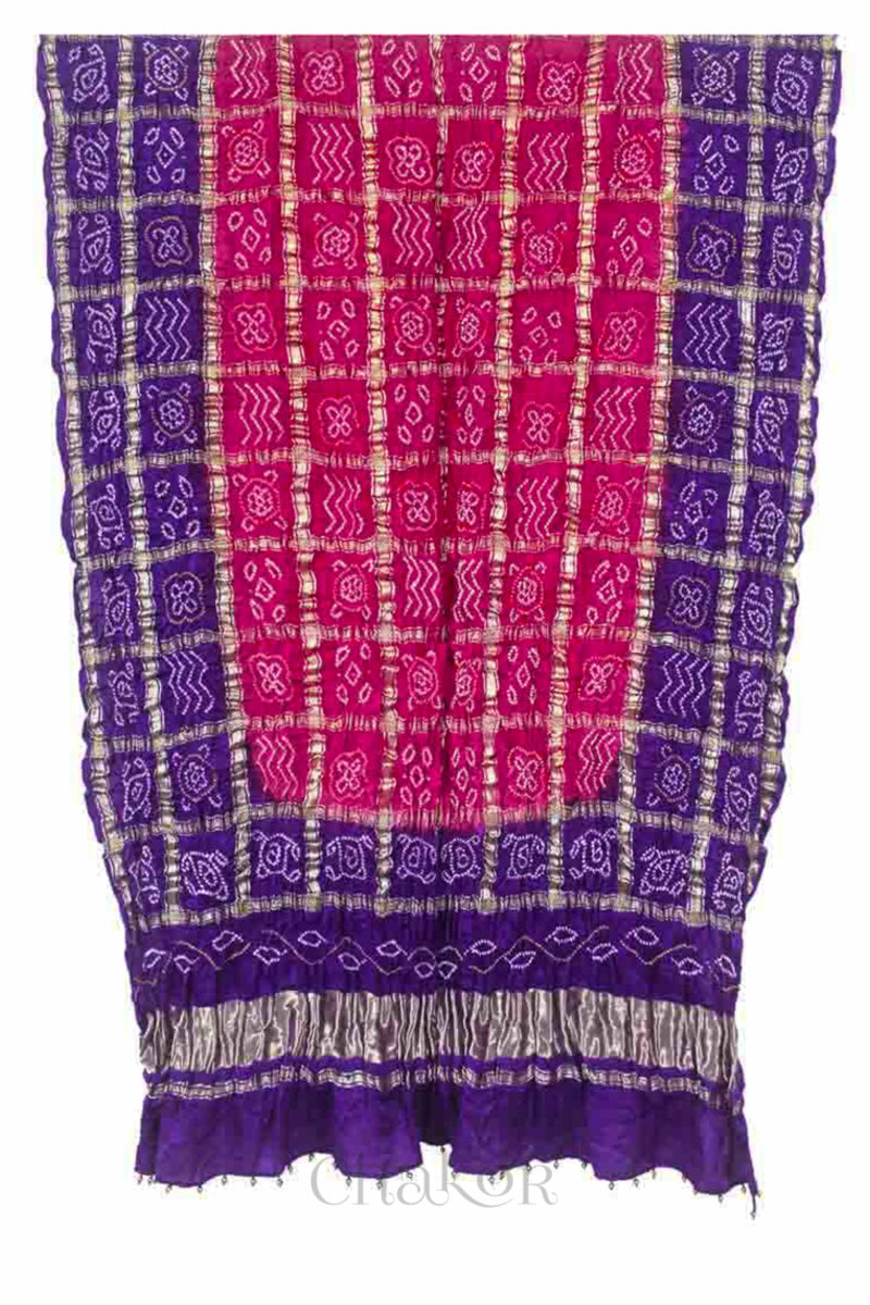 Full view of Pink Purple Bandhani Gharchola Gaji Silk Dupatta featuring zari check and beads edging on pallu.