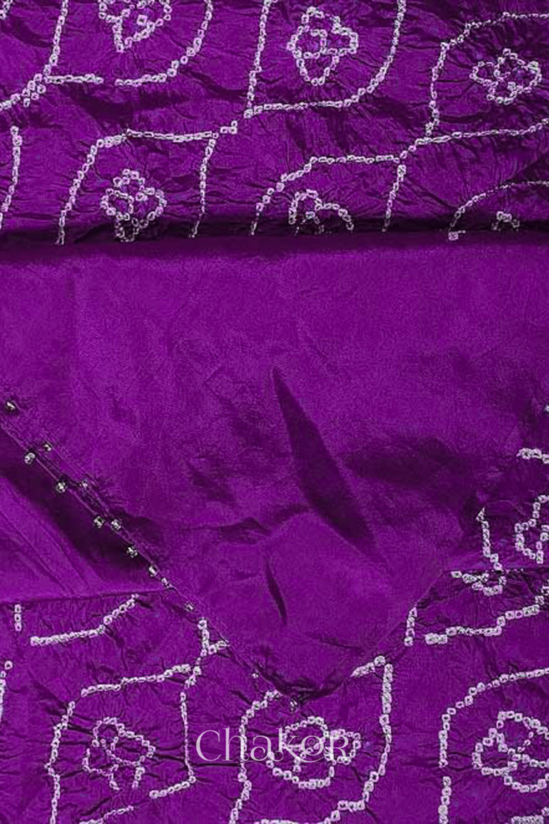 close-up of wine Bandhani mulberry silk dupatta with tie-dye dot pattern detailed with beads on edge