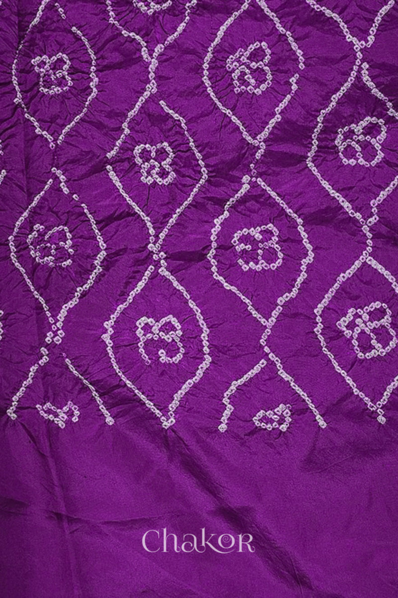 close-up of wine Bandhani mulberry silk dupatta with tie-dye dot pattern.