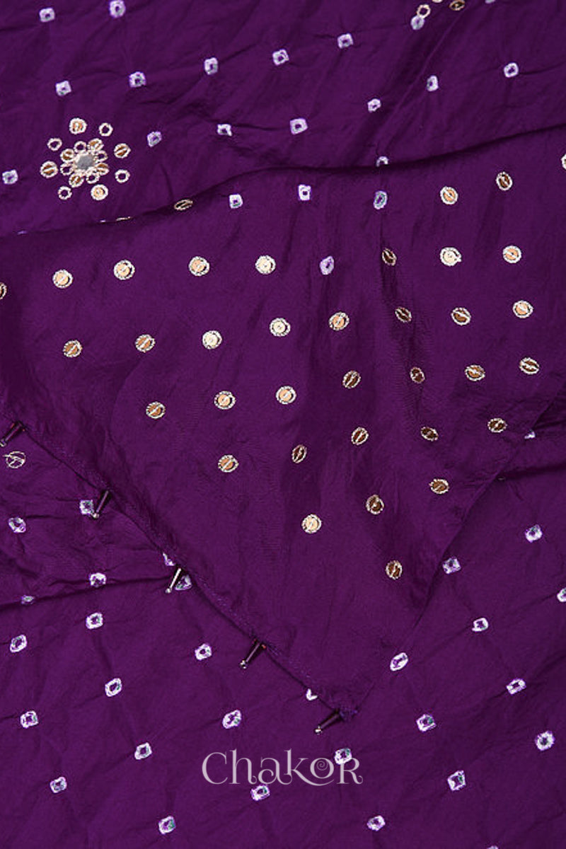 Close up of Wine Bandhani Mulberry Silk Dupatta featuring sequin and zari embroidery with beads pallu edge.