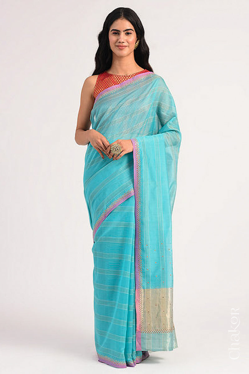 Chakor's Blue Handloom Silk Cotton Saree with woven fine zari stripes and embroidery.