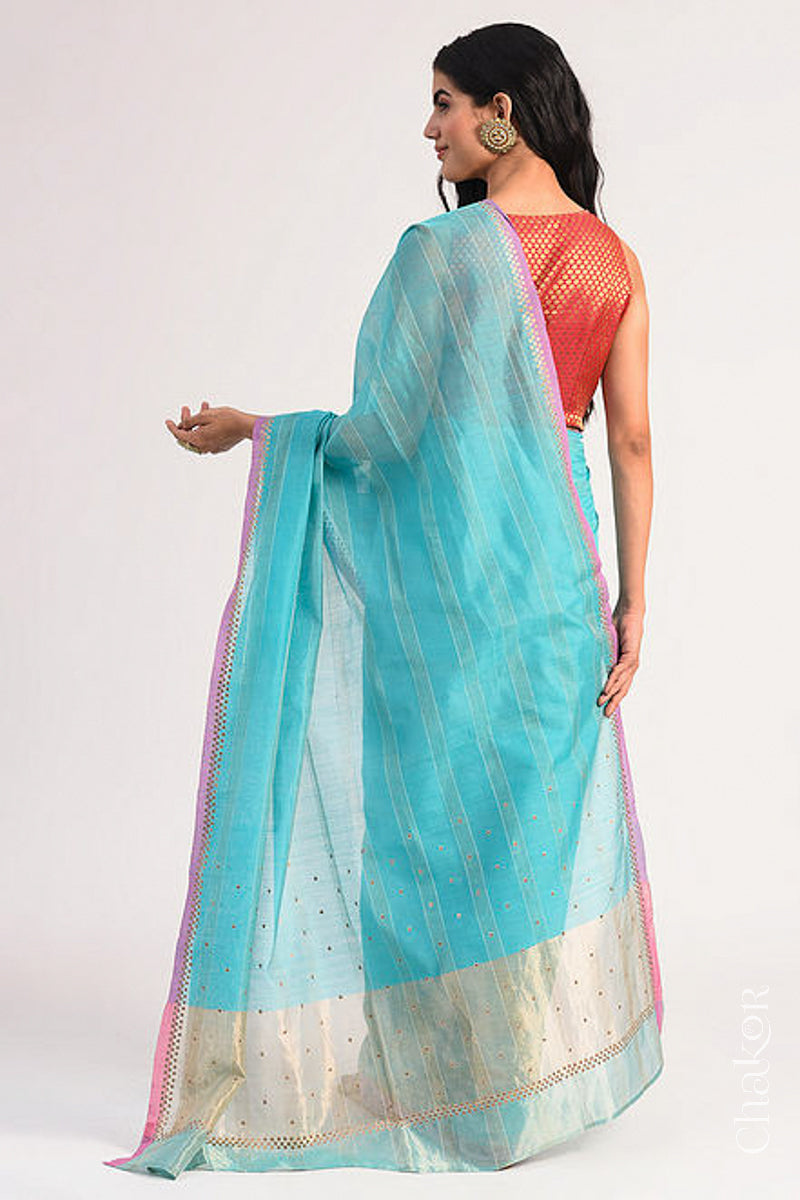 Chakor's Blue Handloom Silk Cotton Saree with woven fine zari stripes and embroidery.