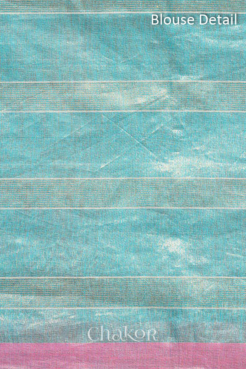 Chakor's Blue Handloom Silk Cotton Saree with woven fine zari stripes and embroidery.