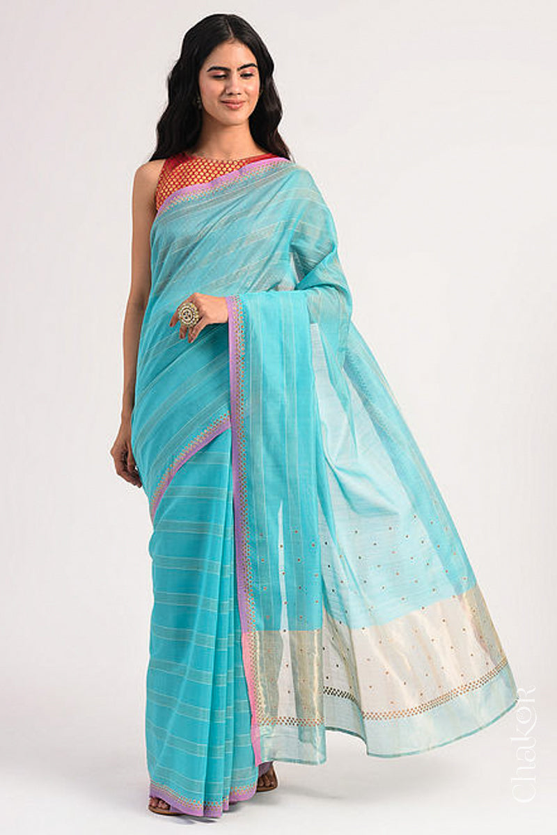 Chakor's Blue Handloom Silk Cotton Saree with woven fine zari stripes and embroidery.