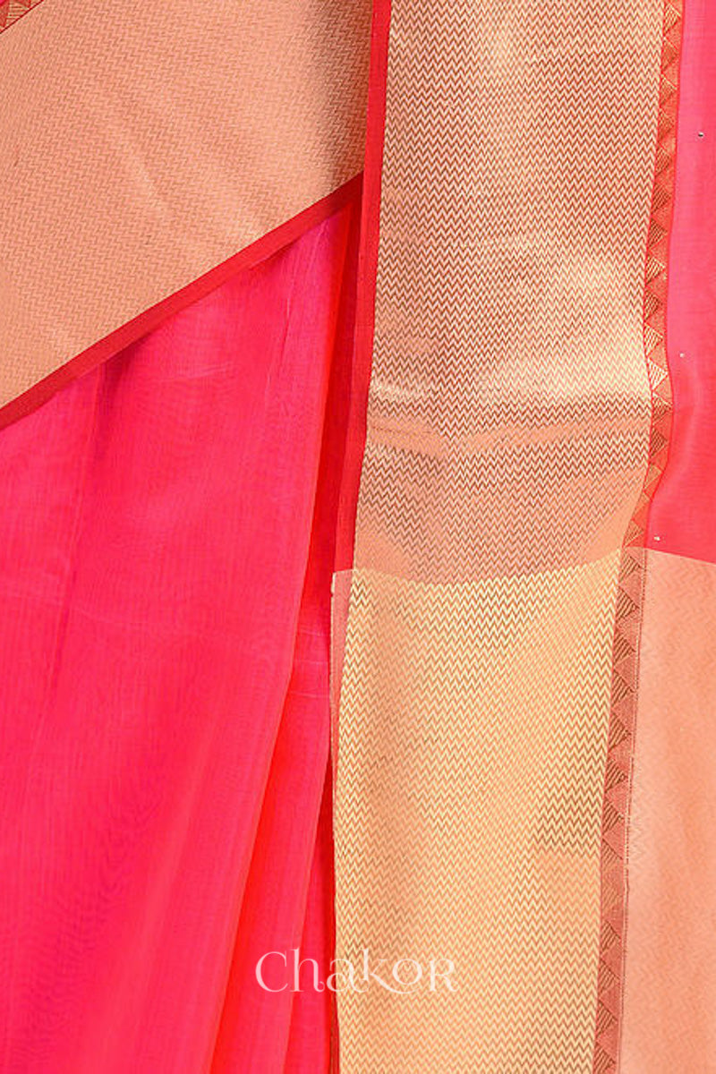 Chakor's Pink Handloom Silk Cotton Saree with woven textured zari border and mukaish embroidery.