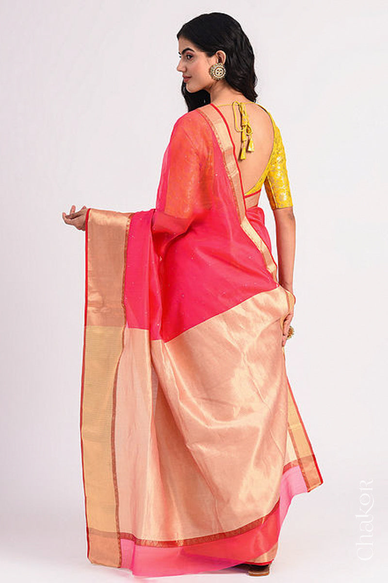 Chakor's Pink Handloom Silk Cotton Saree with woven textured zari border and mukaish embroidery.