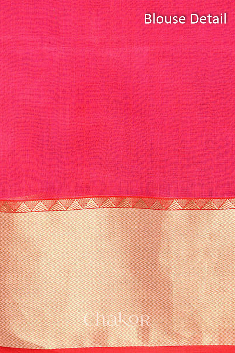 Chakor's Pink Handloom Silk Cotton Saree with woven textured zari border and mukaish embroidery.