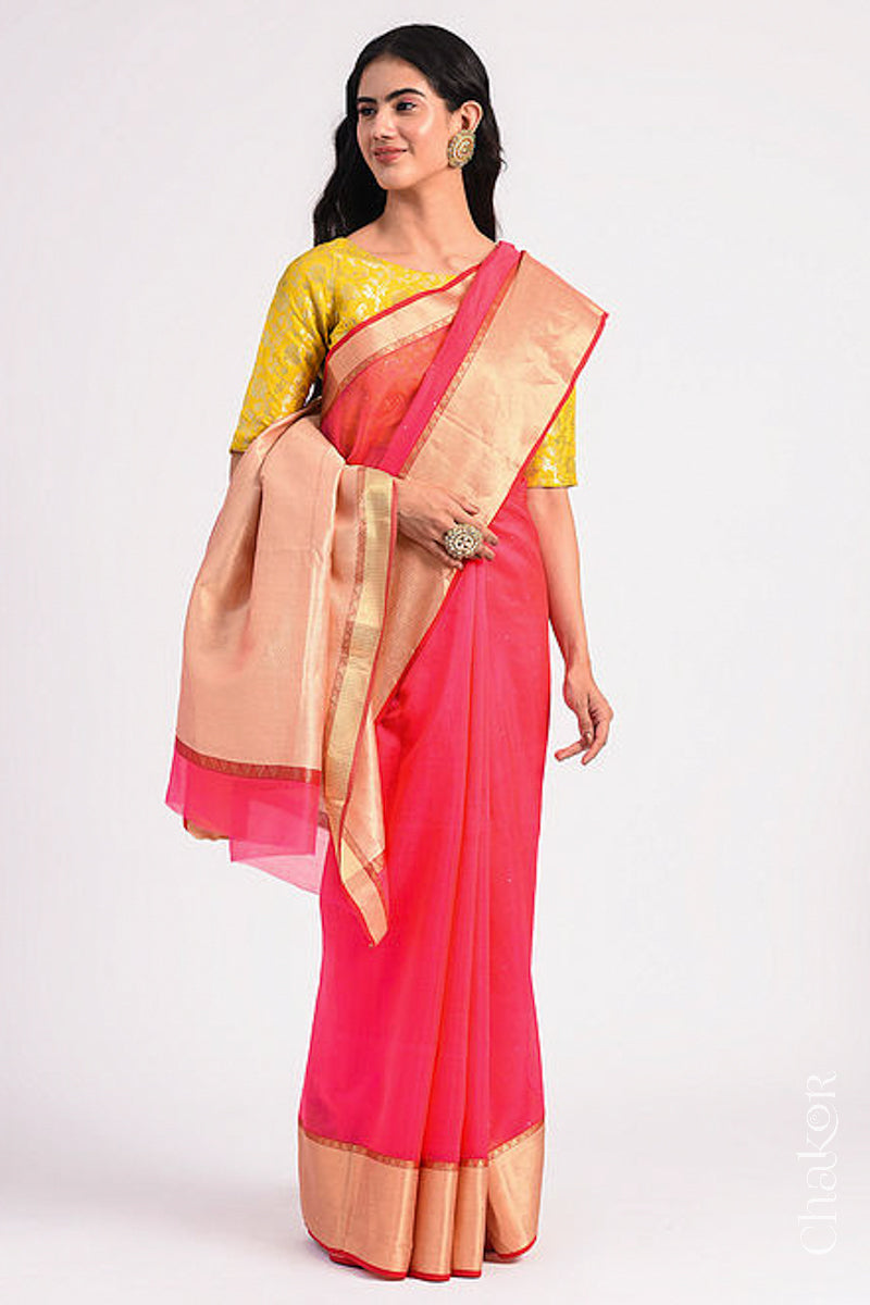 Chakor's Pink Handloom Silk Cotton Saree with woven textured zari border and mukaish embroidery.