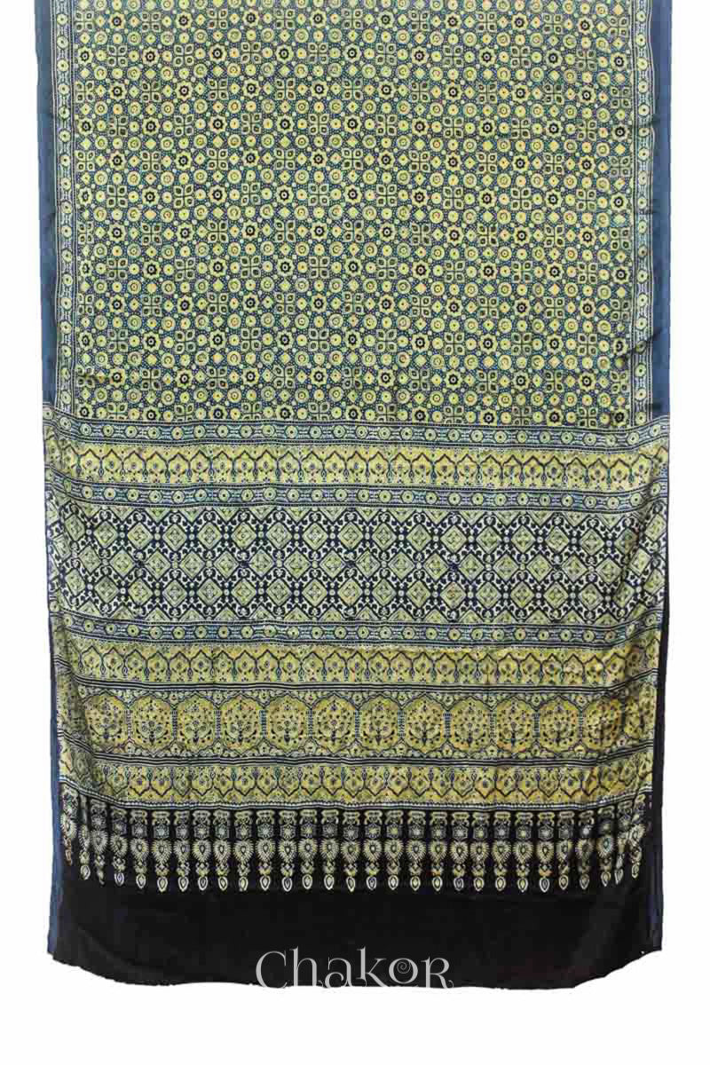 Full view of Natural Dyed Indigo Ajrakh Printed Modal Cotton Saree Handcrafted in Kutch.