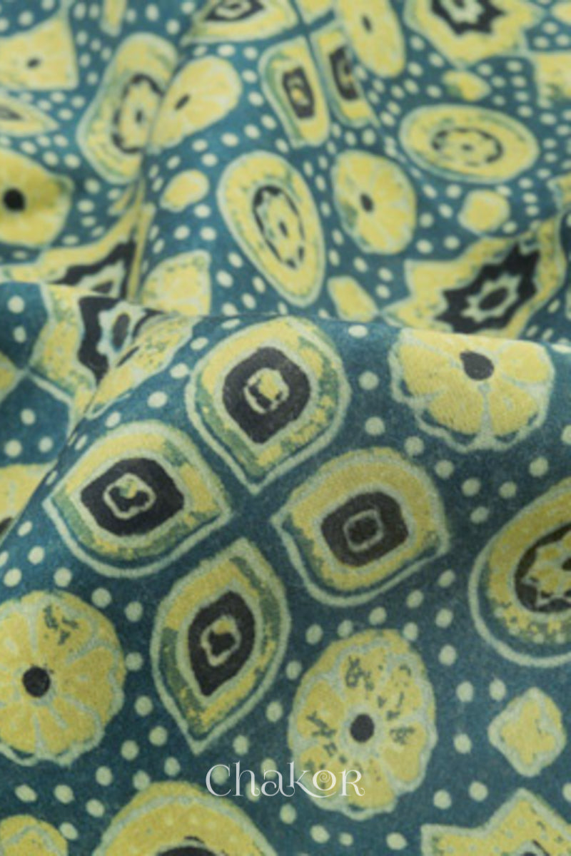 Close up of Natural Dyed Indigo Ajrakh Printed Modal Cotton Saree Handcrafted in Kutch.