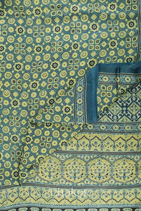 Close up of Natural Dyed Indigo Ajrakh Printed Modal Cotton Saree Handcrafted in Kutch.