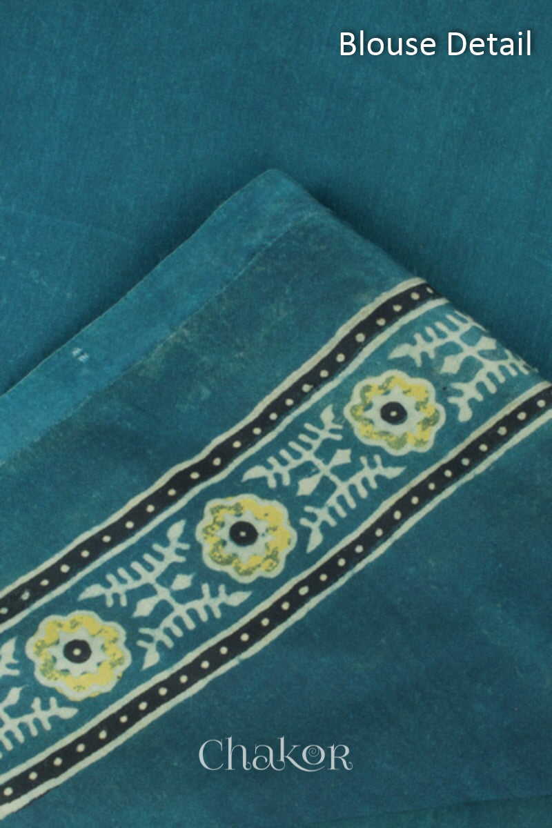 Unstitched Blouse Material of Natural Dyed Indigo Ajrakh Printed Modal Cotton Saree Handcrafted in Kutch.