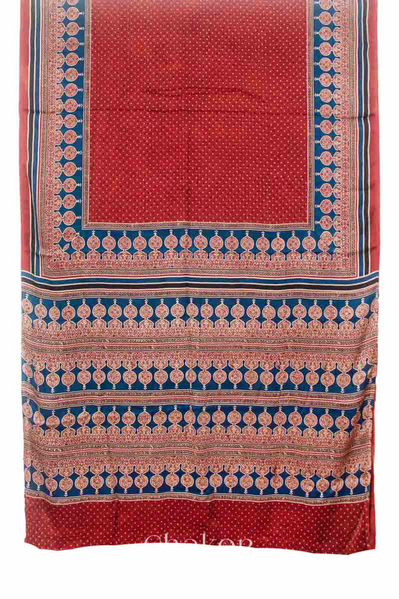 Full view of Natural Dyed Madder Red Ajrakh Modal Saree Handcrafted  in Kutch.