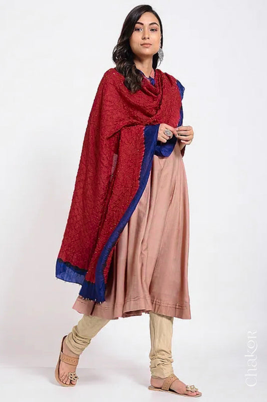 Woman wearing red & navy border Bandhani mulberry silk dupatta with tie-dye dot pattern & detailed with Bead edging.