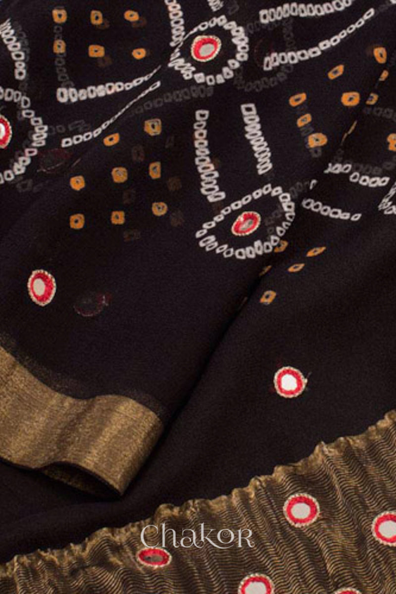 Chakor's traditional Black bandhani pure georgette silk saree with embroidery
