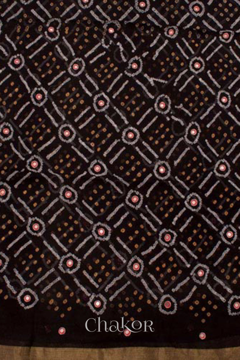 Chakor's traditional Black bandhani pure georgette silk saree with embroidery.