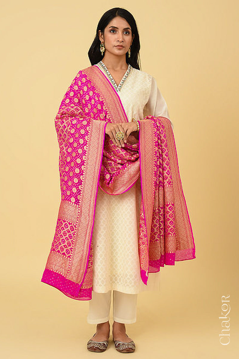 Pink Banarasi Silk Bandhani Dupatta